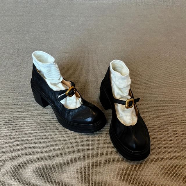 Faux Jane Shoes Buckled Heel Leather Plain Chunky Mary