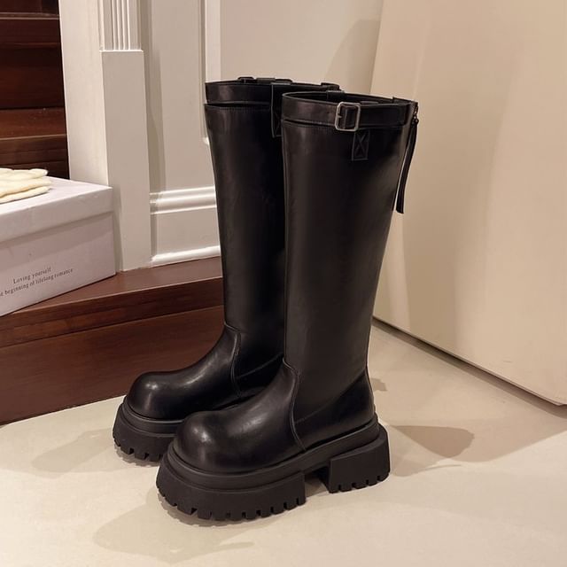 Plain Buckled Tall Platform Boots