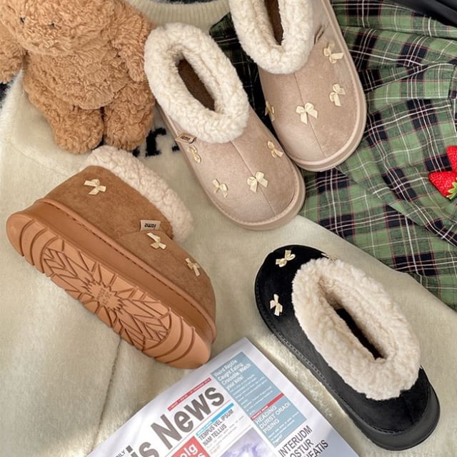Platform Boots Bow Snow Short Fleece-Lined