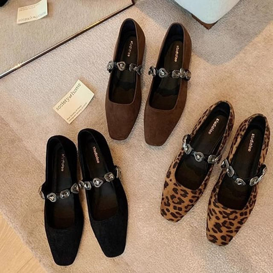 Leather Heart Flats Faux Buckled