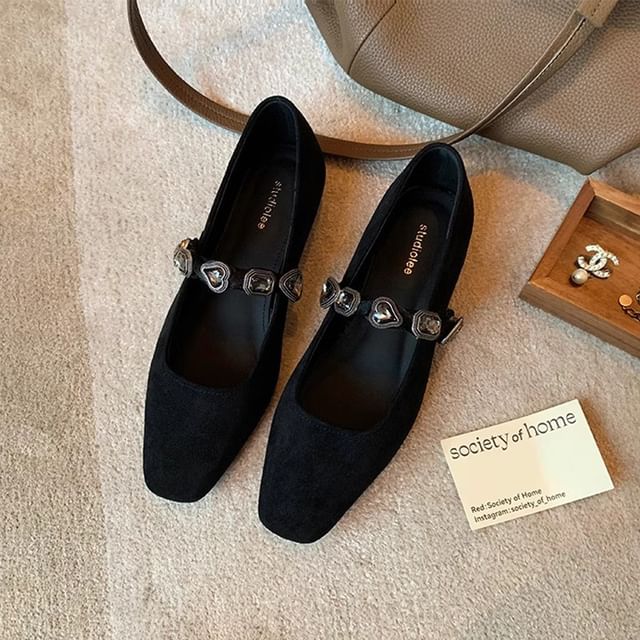 Leather Heart Flats Faux Buckled