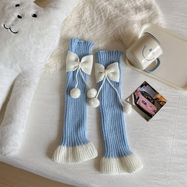 Two Tone Bow Pom Pom Ribbed Knit Leg Warmers