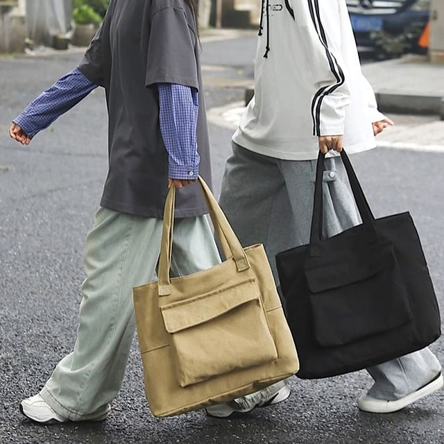 Tote Bag Plain Flap Pocket Canvas