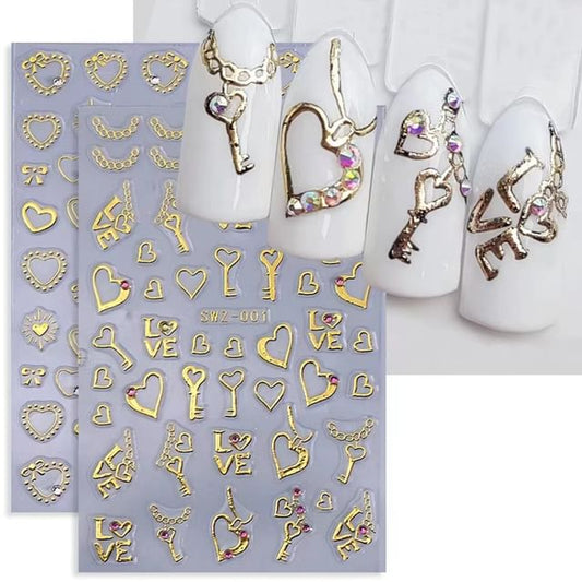 Key / Heart Metallic Nail Art Stickers