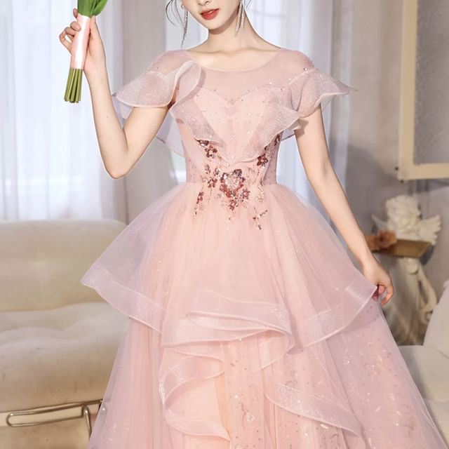 Short-Sleeve Floral Sequin Ruffle A-Line Evening Gown