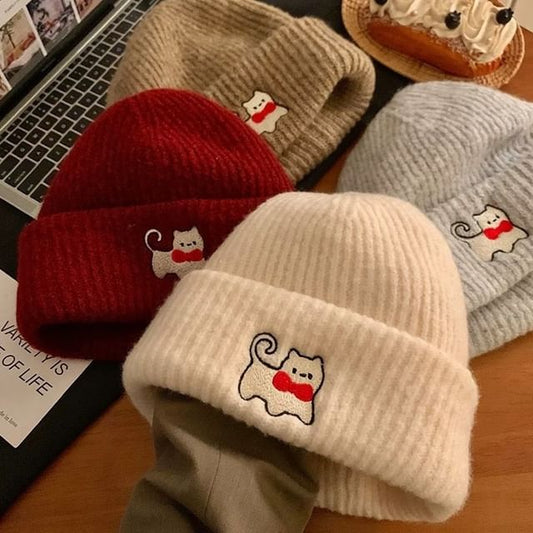 Beanie Knit Cat Embroidered