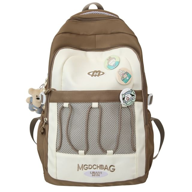 Embroidered Nylon Set Lettering Panel Brooch Backpack / Drawstring Mesh