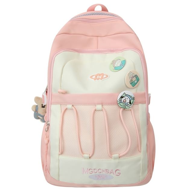 Embroidered Nylon Set Lettering Panel Brooch Backpack / Drawstring Mesh