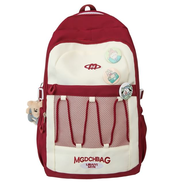 Embroidered Nylon Set Lettering Panel Brooch Backpack / Drawstring Mesh