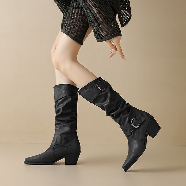 High Knee Boots Toe Block Buckled Heel Square