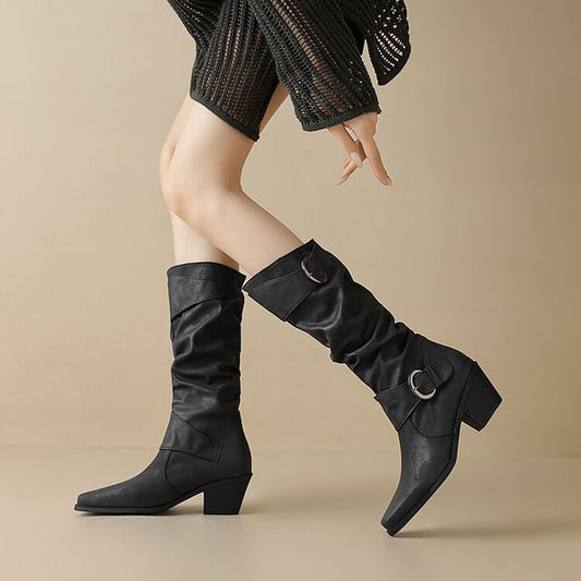High Knee Boots Toe Block Buckled Heel Square