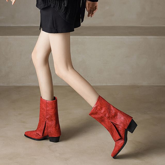 Toe Square Block Panel Heel Calf Boots Mid