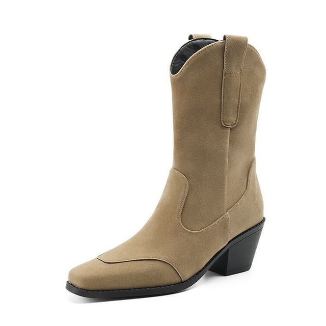 Suede Calf Square Block Mid Panel Heel Faux Toe Boots