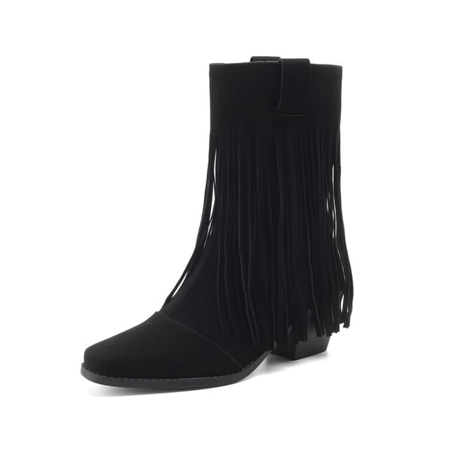 Suede Fringe Heel Calf Faux Square Boots Mid Block Toe