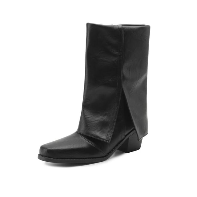 Toe Square Block Panel Heel Calf Boots Mid