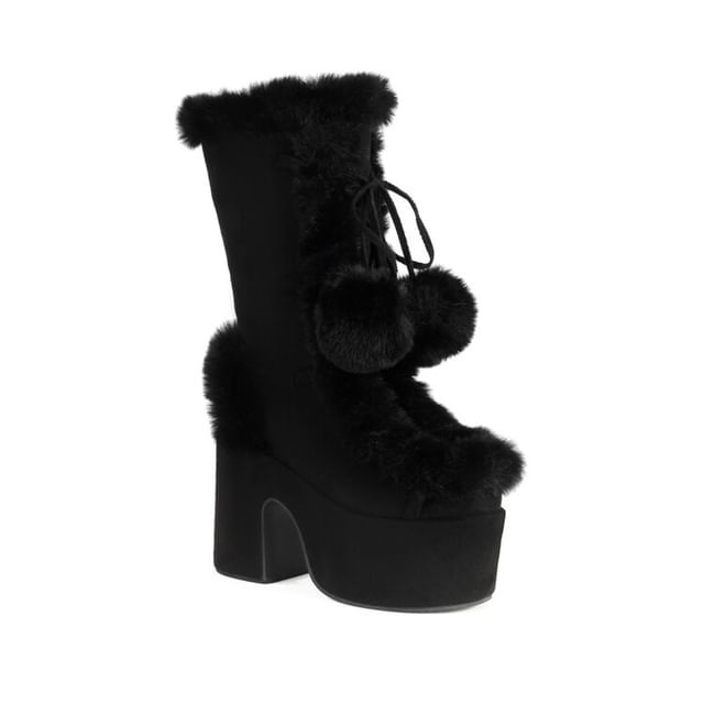 Heel Panel Pom Boots Calf Platform Fluffy Mid Block