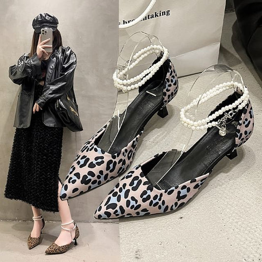 Pointed Print Leopard Strap Sandals Kitten Heel Ankle