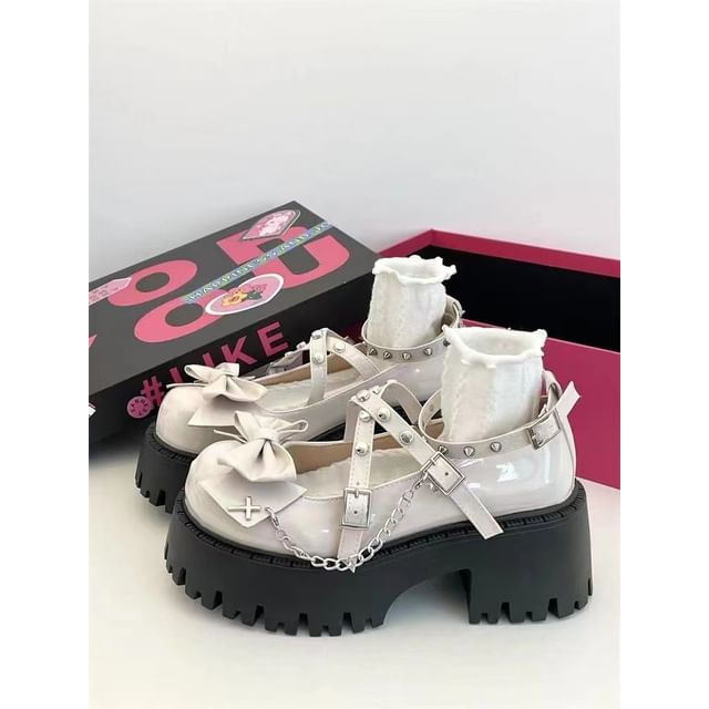 Mary Heel Strap Chunky Bow Pumps Platform Cross Jane Studded