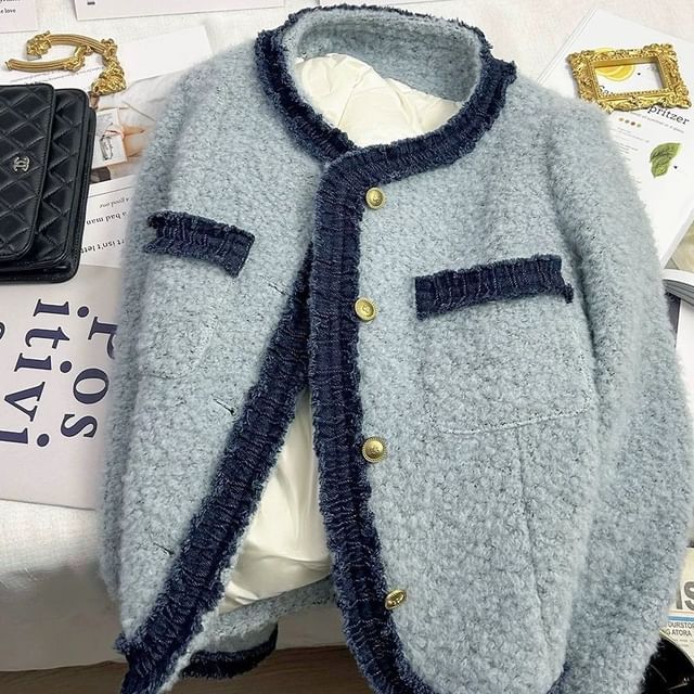 Round Boucle Denim Panel Neck Jacket Button