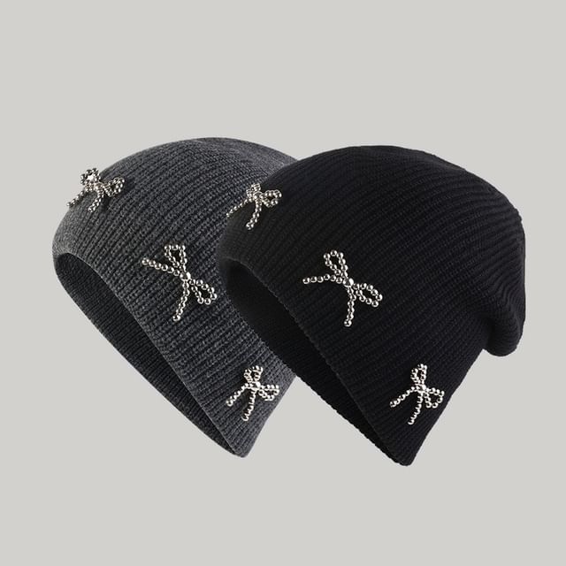 Beanie Metallic Knit Studded Bow