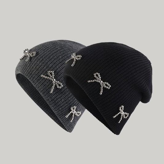 Beanie Metallic Knit Studded Bow