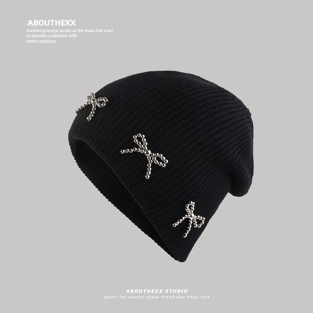 Beanie Metallic Knit Studded Bow