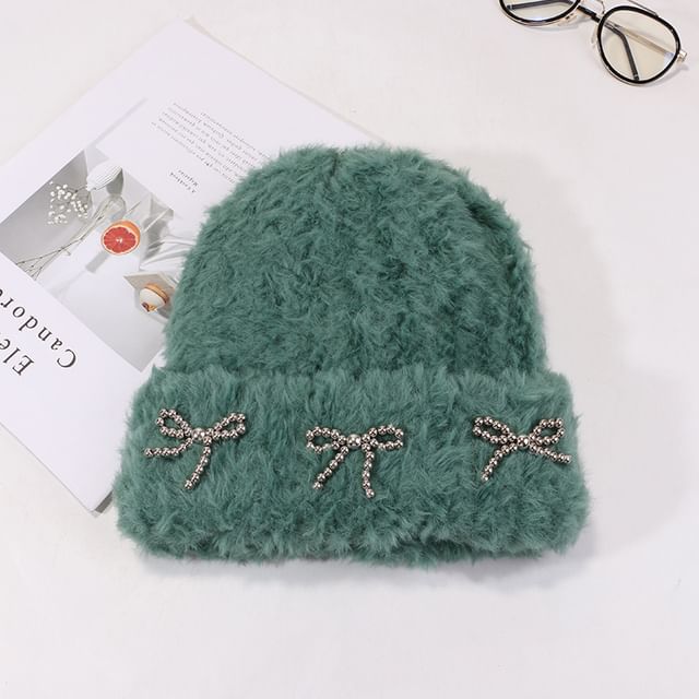 Metallic Studded Chenille Bow Beanie