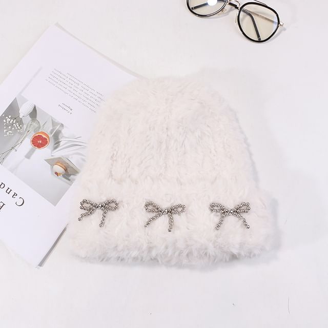 Metallic Studded Chenille Bow Beanie