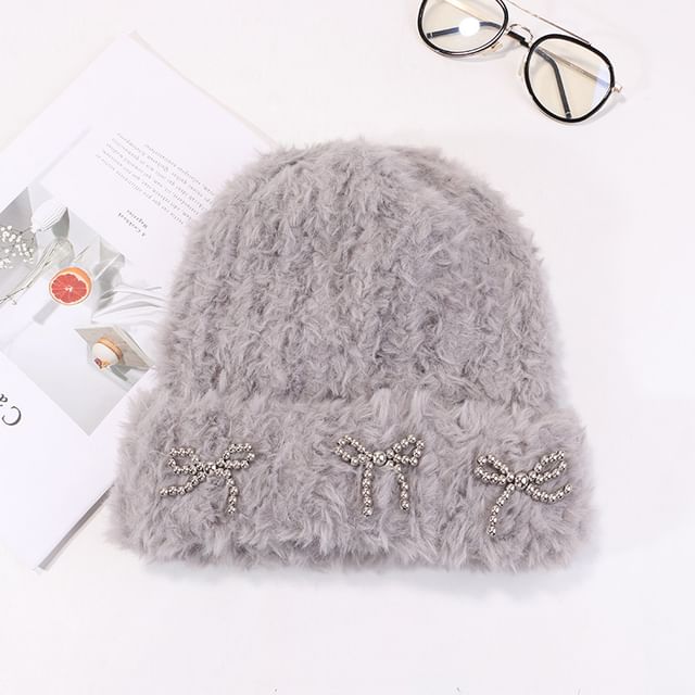 Metallic Studded Chenille Bow Beanie