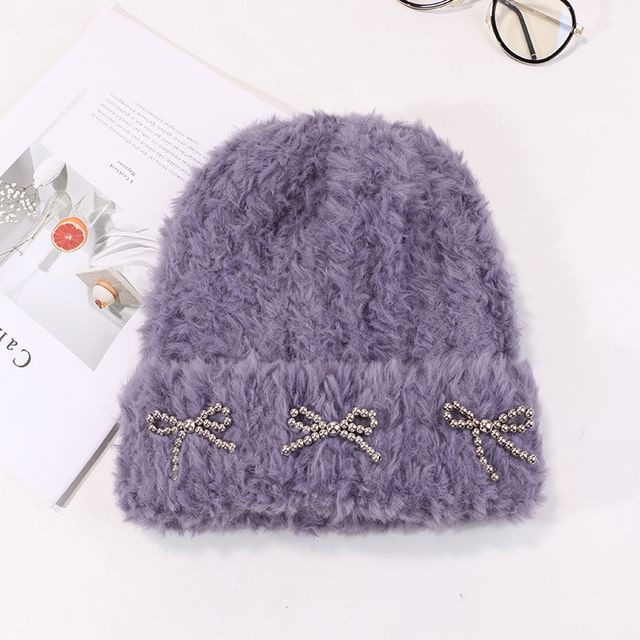 Metallic Studded Chenille Bow Beanie