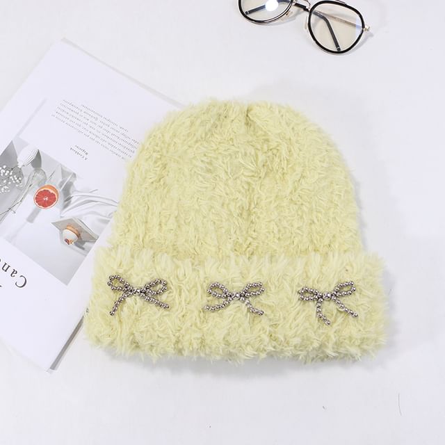 Metallic Studded Chenille Bow Beanie