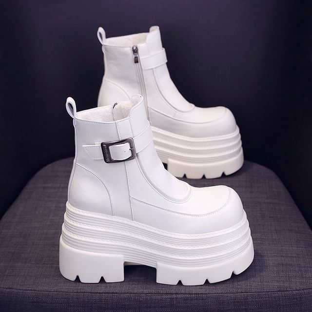 Short Zip-Up Genuine Platform Plain Boots Leather Buckled