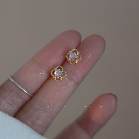 S925 Rhinestone Earring Silver Clover Sterling Stud