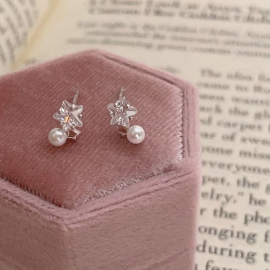 Star Rhinestone Faux Pearl Alloy Drop Earring