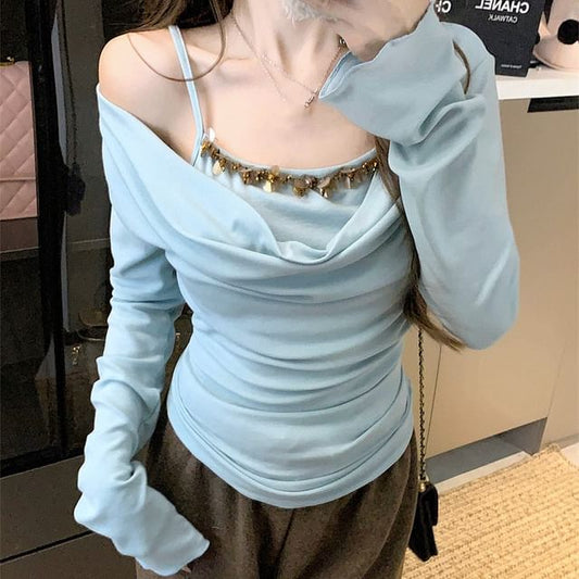 Mock Top Shoulder Long Off Sleeve Piece Two