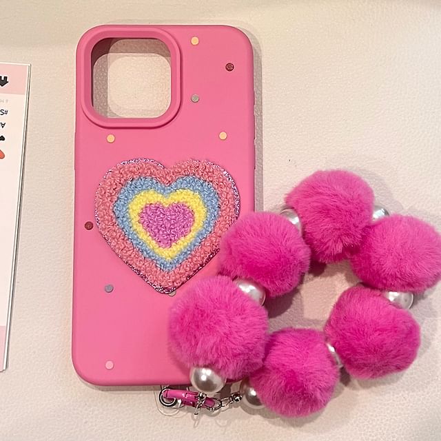 Embroidered Pom Phone Case Strap / Set Heart