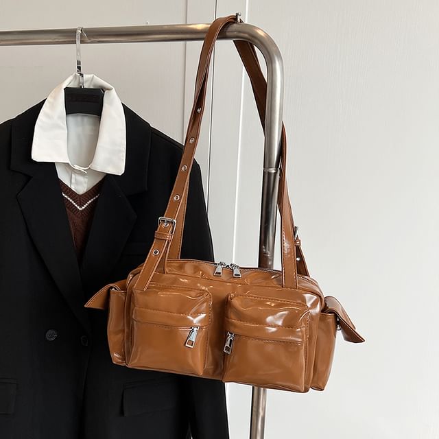 Leather Multi-Pocket Faux Shoulder Bag