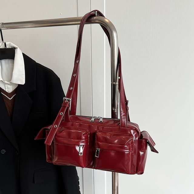 Leather Multi-Pocket Faux Shoulder Bag