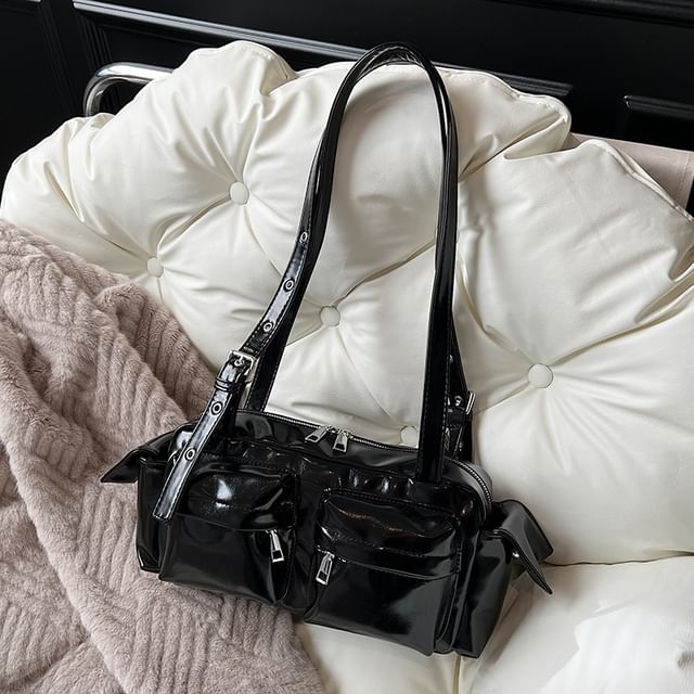Leather Multi-Pocket Faux Shoulder Bag