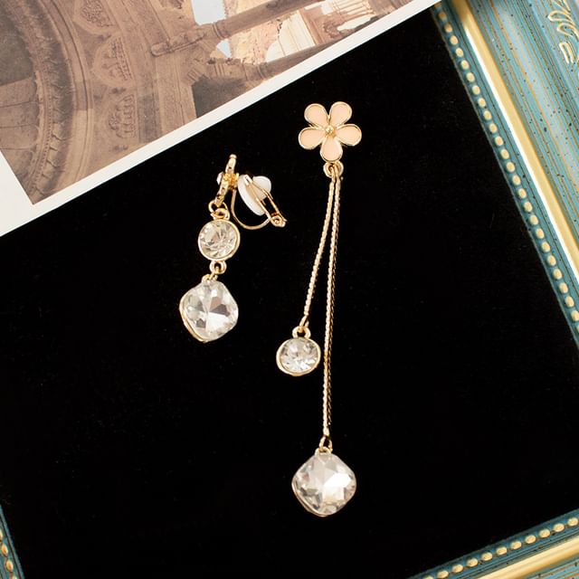 Asymmetrical Dangle Earring Floral Alloy Rhinestone