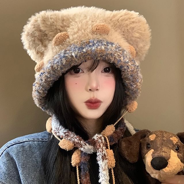 Hat Panel Bear Fluffy Ear Knit