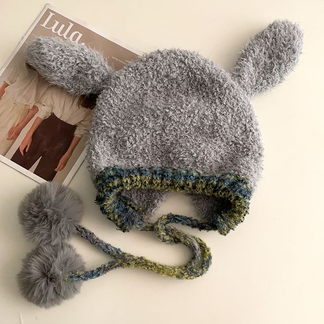 Hat Pom Ear Rabbit Knit Fluffy Panel