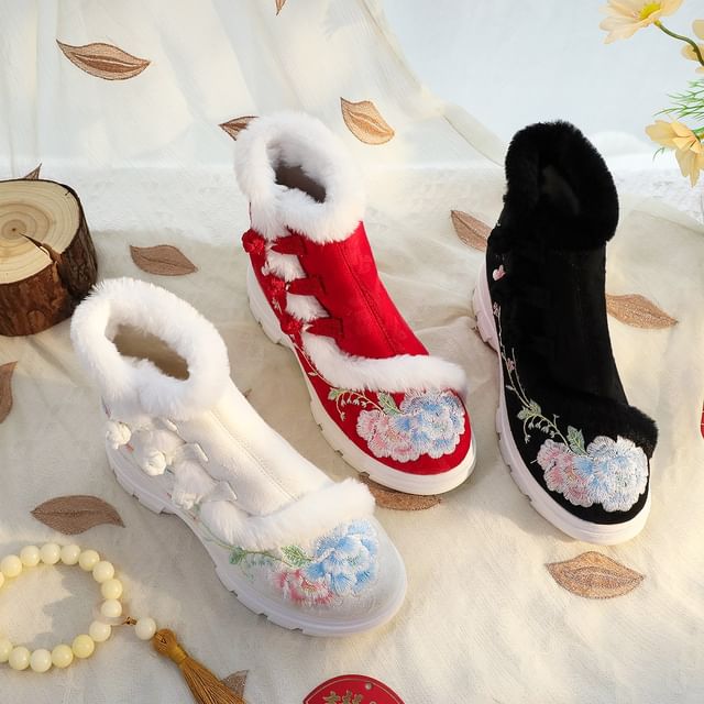 Trim Boots Short Furry Embroidery Lace-Up Floral
