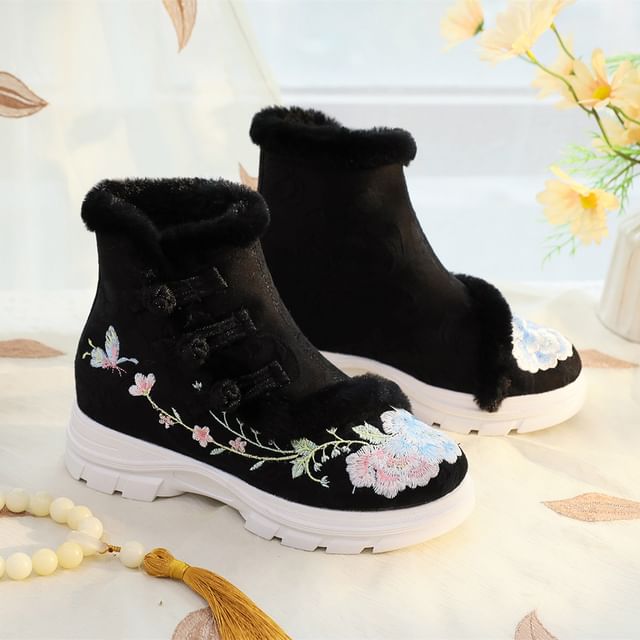 Trim Boots Short Furry Embroidery Lace-Up Floral