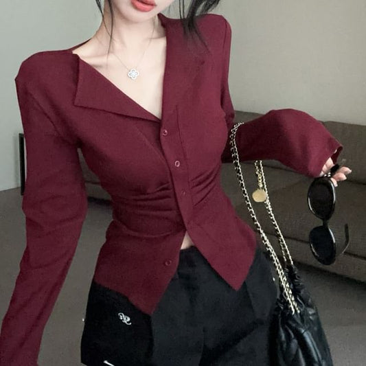 Long Button V-Neck Top Ruched Plain Sleeve