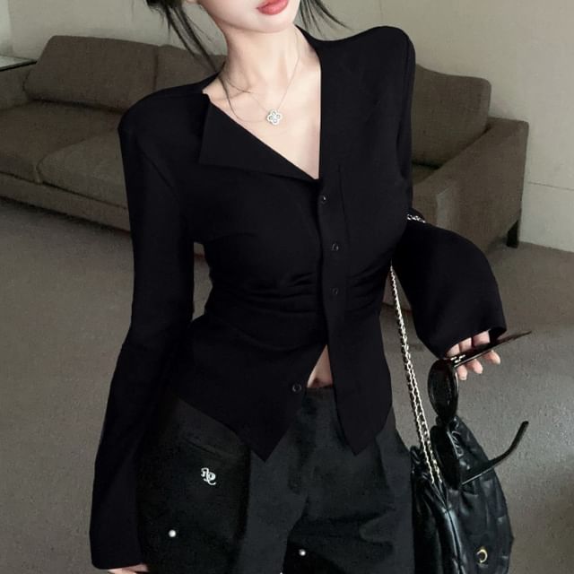 Long Button V-Neck Top Ruched Plain Sleeve
