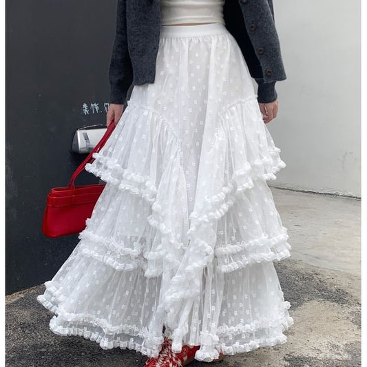 Skirt Maxi Rise Ruffle High Floral Asymmetrical A-Line