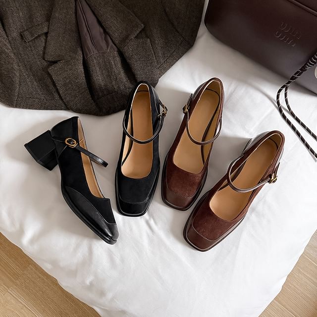 Leather Toe Square Faux Plain Heel Pumps Mary Jane Panel Chunky
