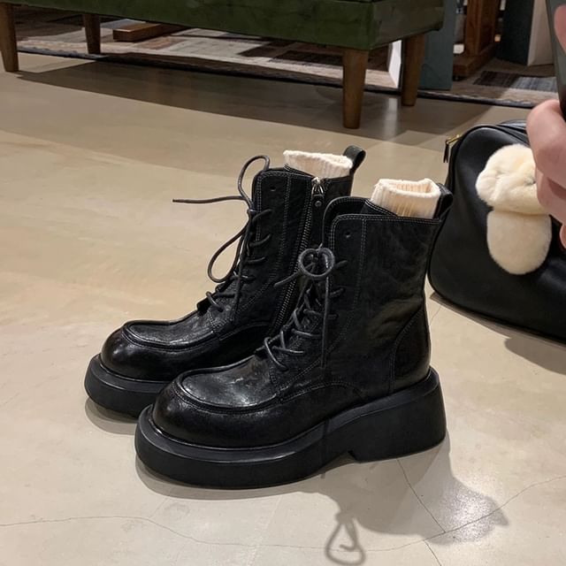 Short Faux Plain Leather Boots Platform Lace-Up