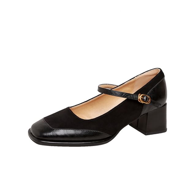 Leather Toe Square Faux Plain Heel Pumps Mary Jane Panel Chunky